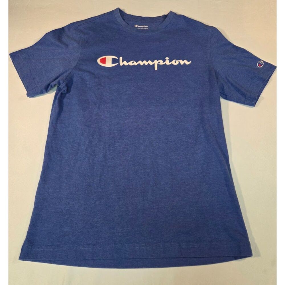Champion Script Logo T-Shirt Blue Athletic Tee Men's Medium
